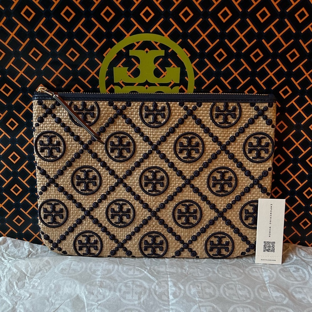 Tory Burch T Monogram Embroidered Straw Pouch Royal Navy